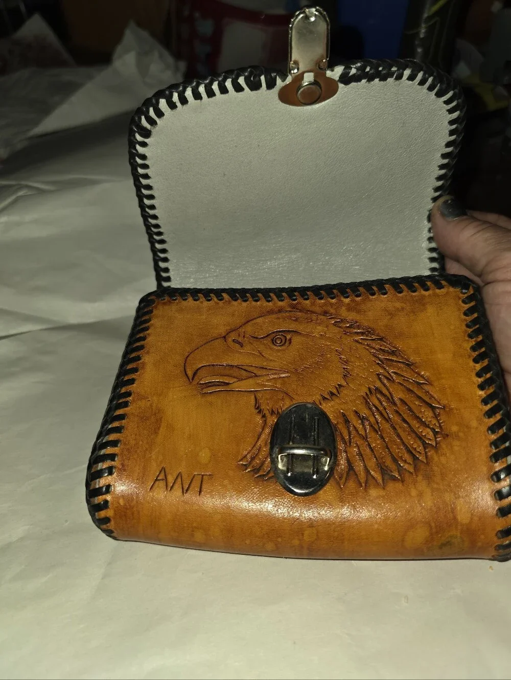 New,Handcrafted,Leather Eagle-Embossed Men's Wallet- Pouch Tan Black Stitching.